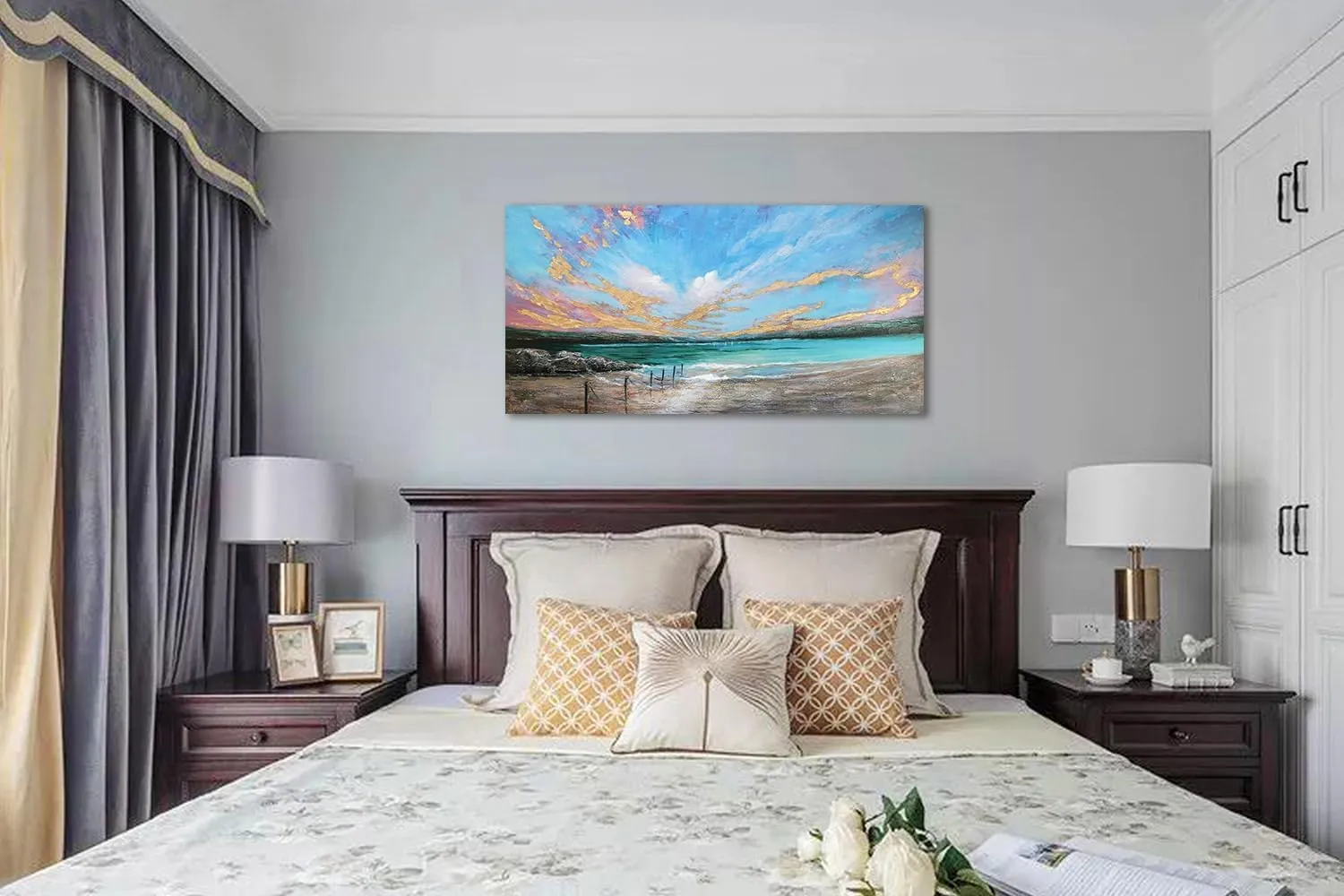 Arjun Ocean Teal Wall Art Canvas Coastal Beach Painting Blue Turquoise Landscape Sunset Picture, Panoramic Gold Foil Textured Large Artwork Framed for Living Room Bedroom Bathroom Wall Decor 40"x20"