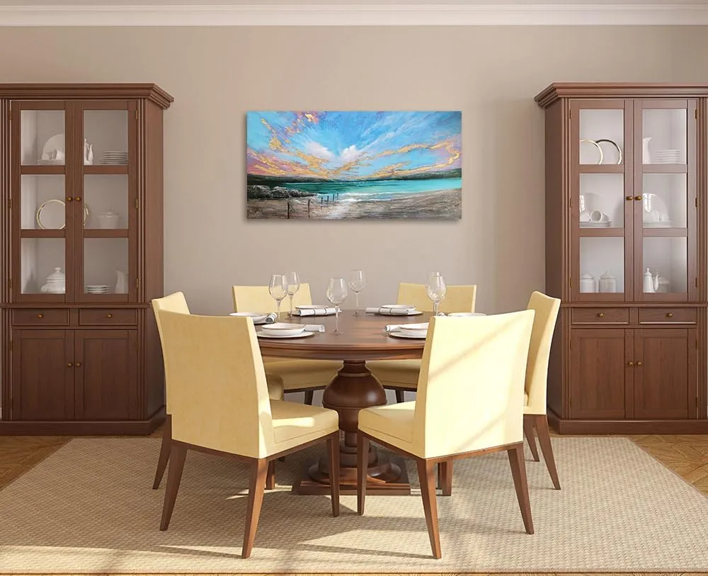 Arjun Ocean Teal Wall Art Canvas Coastal Beach Painting Blue Turquoise Landscape Sunset Picture, Panoramic Gold Foil Textured Large Artwork Framed for Living Room Bedroom Bathroom Wall Decor 40"x20"