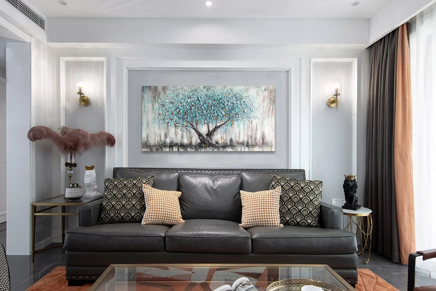 Arjun Tree Wall Art Teal Blue Nature Tree of Life Abstract Canvas Painting Textured Picture, Modern Large Panoramic Landscape Artwork Framed for Living Room Bedroom Bathroom Office Home Decor 40"x20"