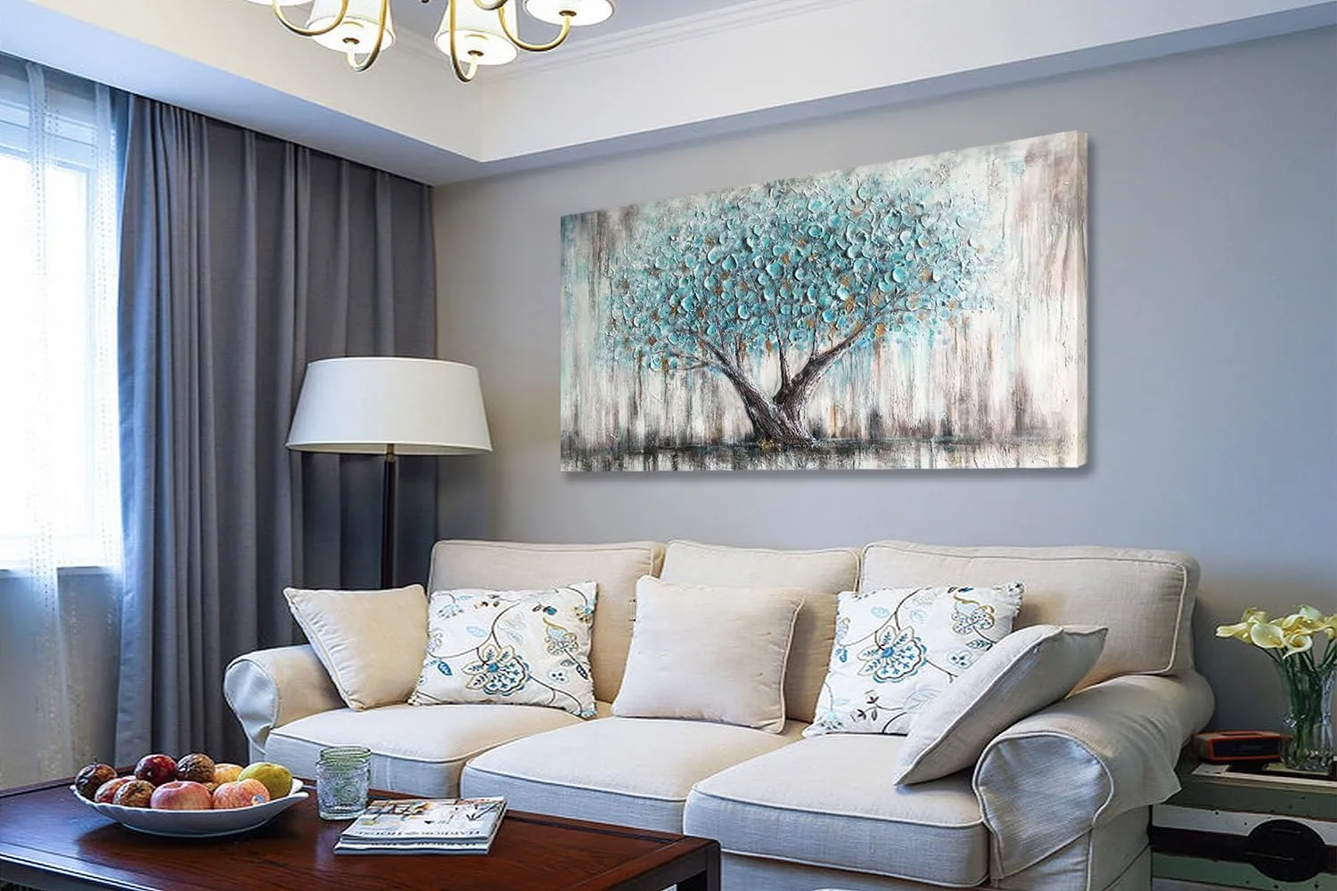 Arjun Tree Wall Art Teal Blue Nature Tree of Life Abstract Canvas Painting Textured Picture, Modern Large Panoramic Landscape Artwork Framed for Living Room Bedroom Bathroom Office Home Decor 40"x20"