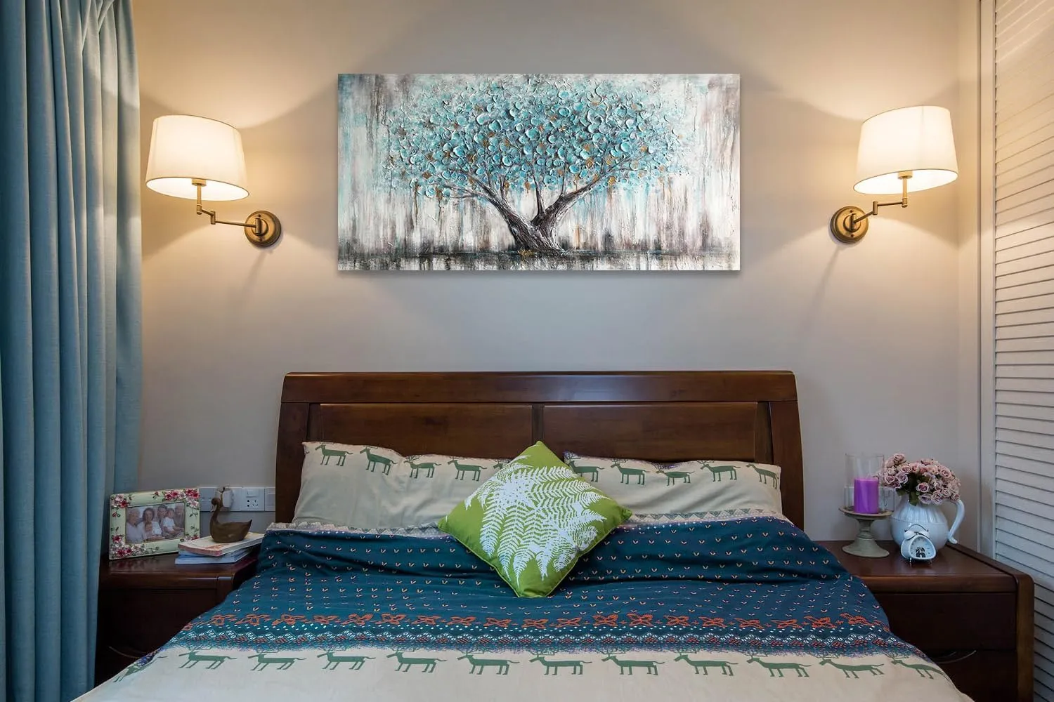 Arjun Tree Wall Art Teal Blue Nature Tree of Life Abstract Canvas Painting Textured Picture, Modern Large Panoramic Landscape Artwork Framed for Living Room Bedroom Bathroom Office Home Decor 40"x20"