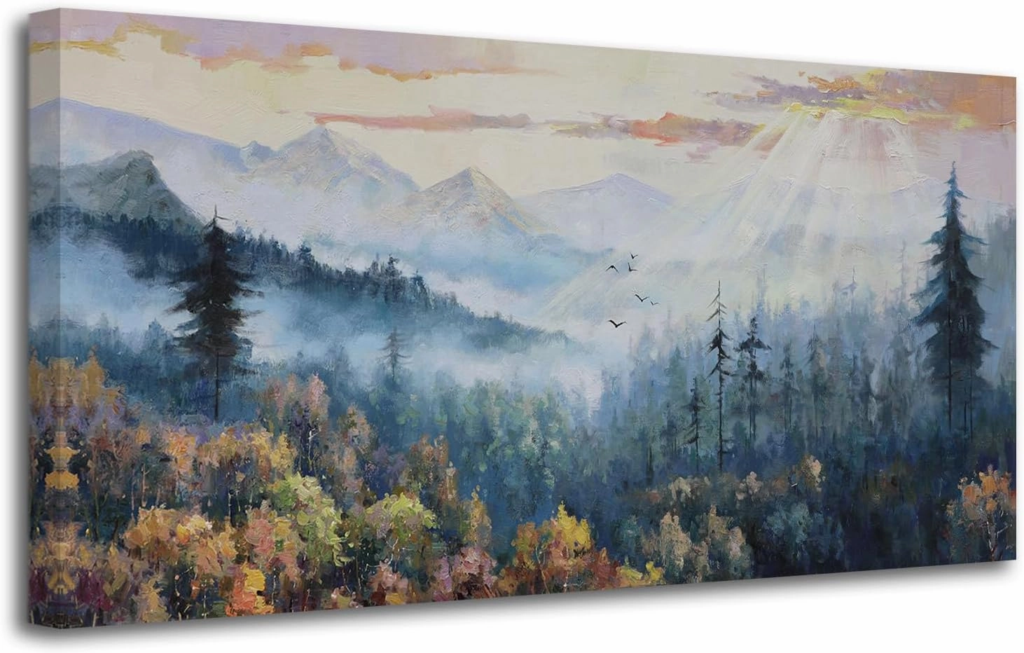 Arjun Forest Wall Art Landscape Foggy Nature Painting Modern Indigo Green Pine Tree Scenery Picture, Mountain Misty Large Framed Artwork for Living Room Bedroom Bathroom Office Home Wall Decor 40"x20"