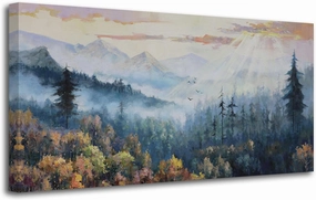 Arjun Forest Wall Art Landscape Foggy Nature Painting Modern Indigo Green Pine Tree Scenery Picture, Mountain Misty Large Framed Artwork for Living Room Bedroom Bathroom Office Home Wall Decor 40"x20"