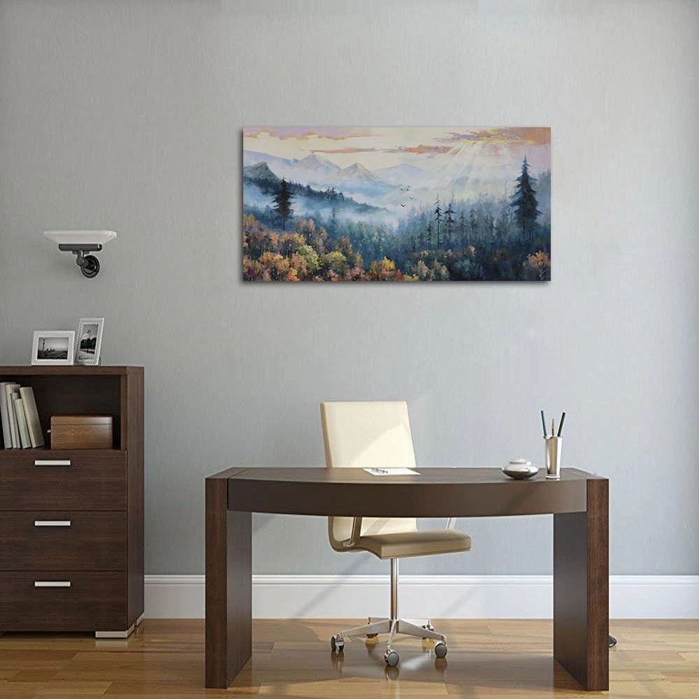 Arjun Forest Wall Art Landscape Foggy Nature Painting Modern Indigo Green Pine Tree Scenery Picture, Mountain Misty Large Framed Artwork for Living Room Bedroom Bathroom Office Home Wall Decor 40"x20"