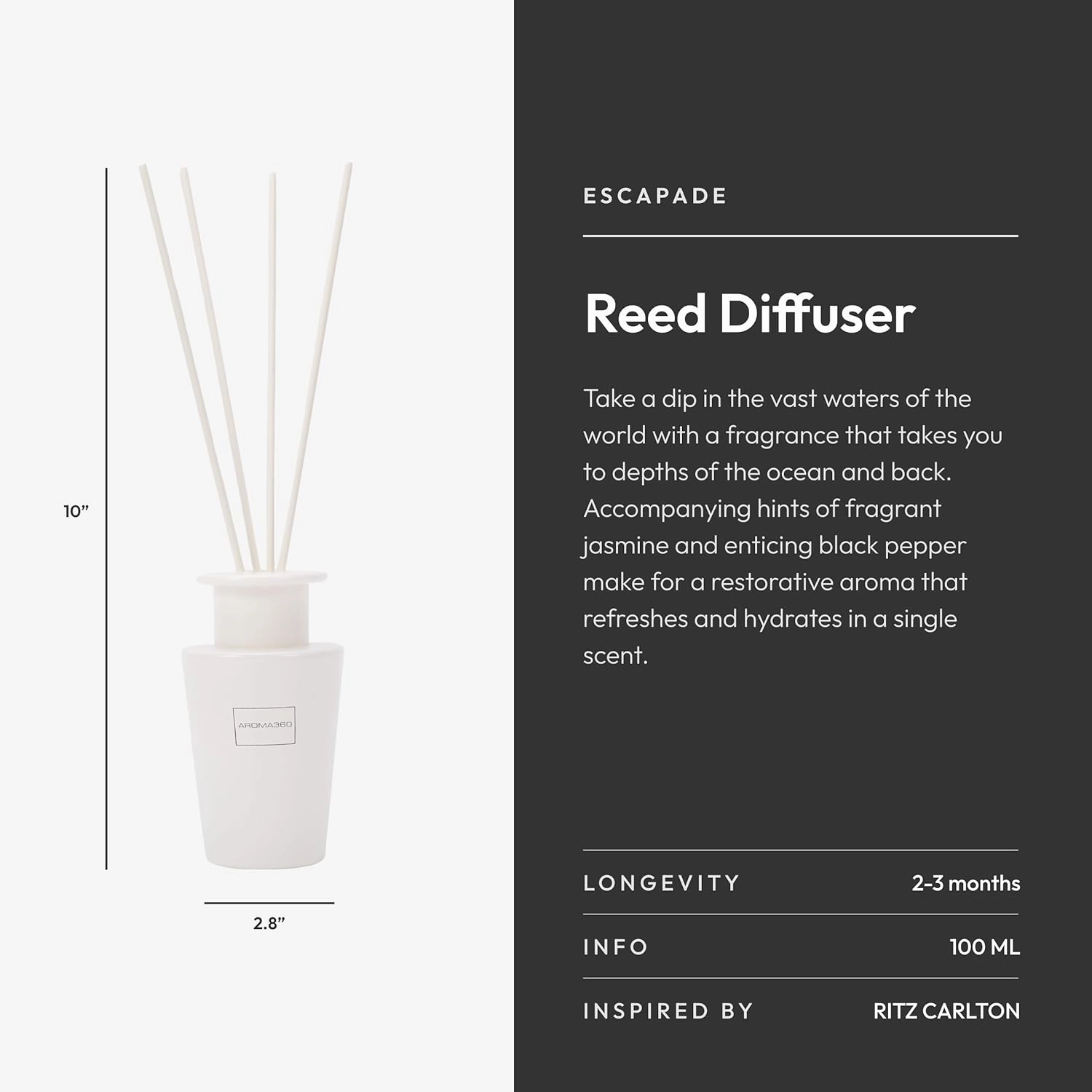 Aroma360 Reed Diffuser - Reed Diffuser with Fragrance Oil - Scents Inspired by Ritz Carlton - Scent Includes Ozone, Jasmine & Black Pepper, Escapade - White, 100mL/3.38 fl oz