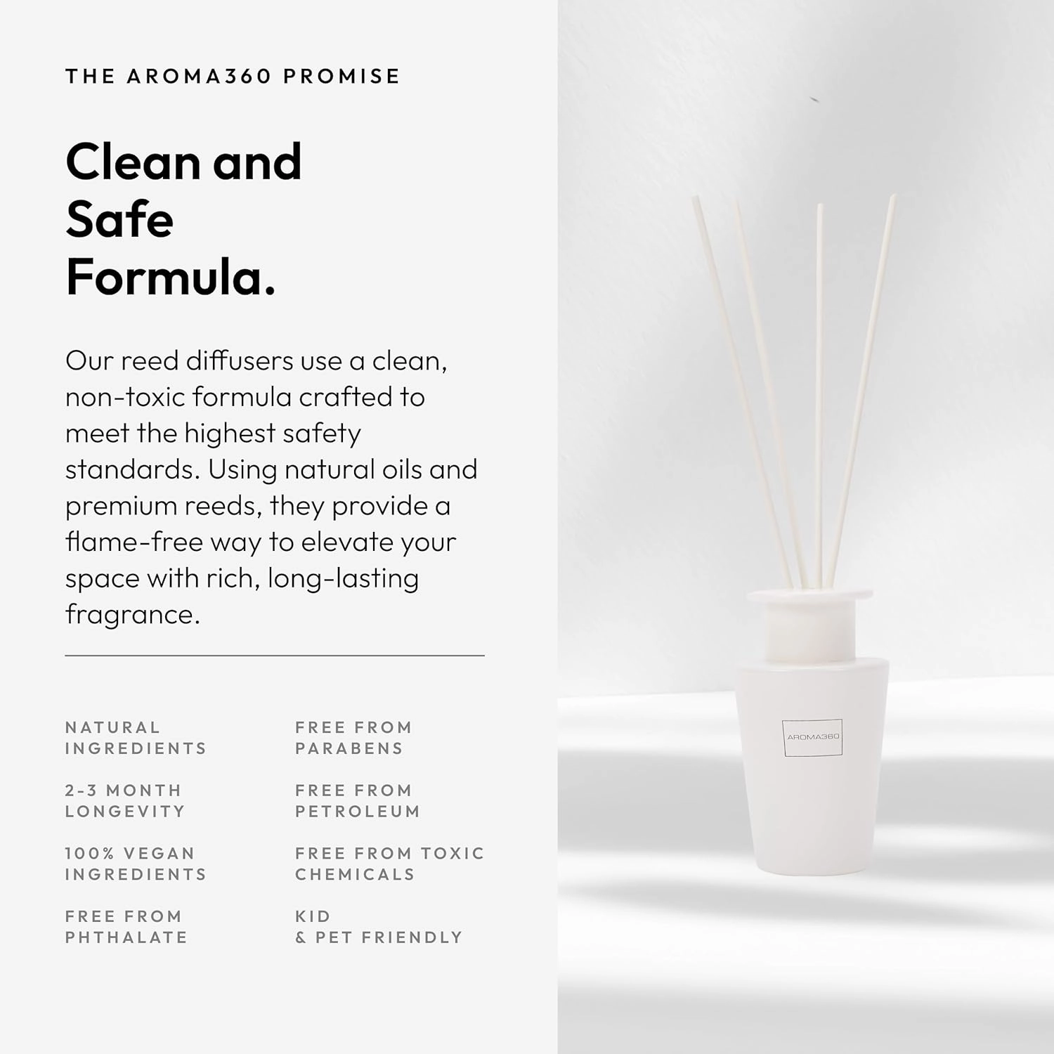 Aroma360 Reed Diffuser - Reed Diffuser with Fragrance Oil - Scents Inspired by Ritz Carlton - Scent Includes Ozone, Jasmine & Black Pepper, Escapade - White, 100mL/3.38 fl oz