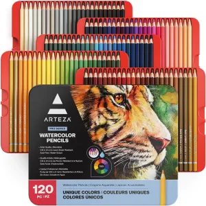 Arteza Watercolor Colored Pencils for Adult Coloring, Set of 120 Colored Pencils, Art Drawing Pencils in Bright Assorted Shades, Art Supplies for Blending, Layering, and Watercolor Techniques