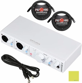 Arturia MiniFuse 2 Flexible Dual USB-C Audio Interface, White w/ 2-Pack Pig Hog PHM10 8mm XLR Microphone Cable and Liquid Audio Polishing Cloth