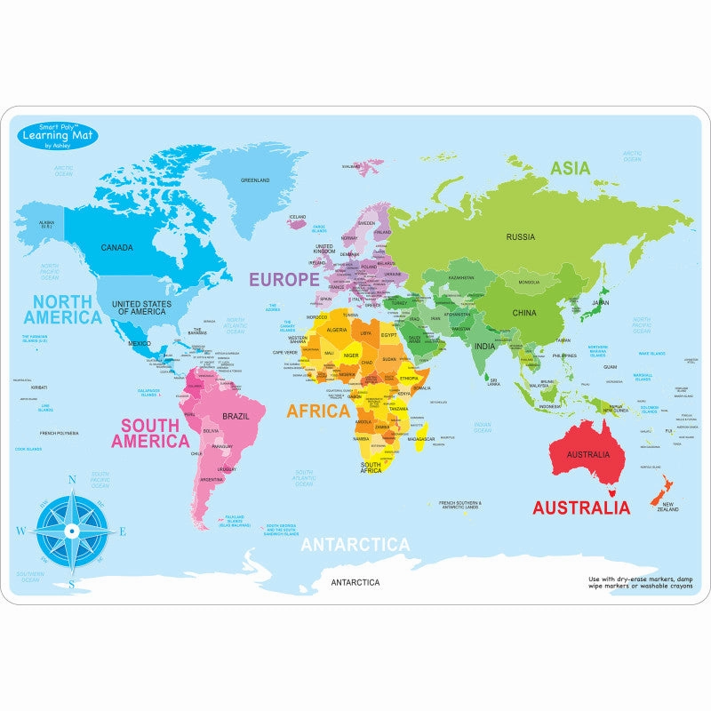 Ashley World Map Learning Mat, 2 Sided Write on Wipe off, 10 Pack (ASH 95602)