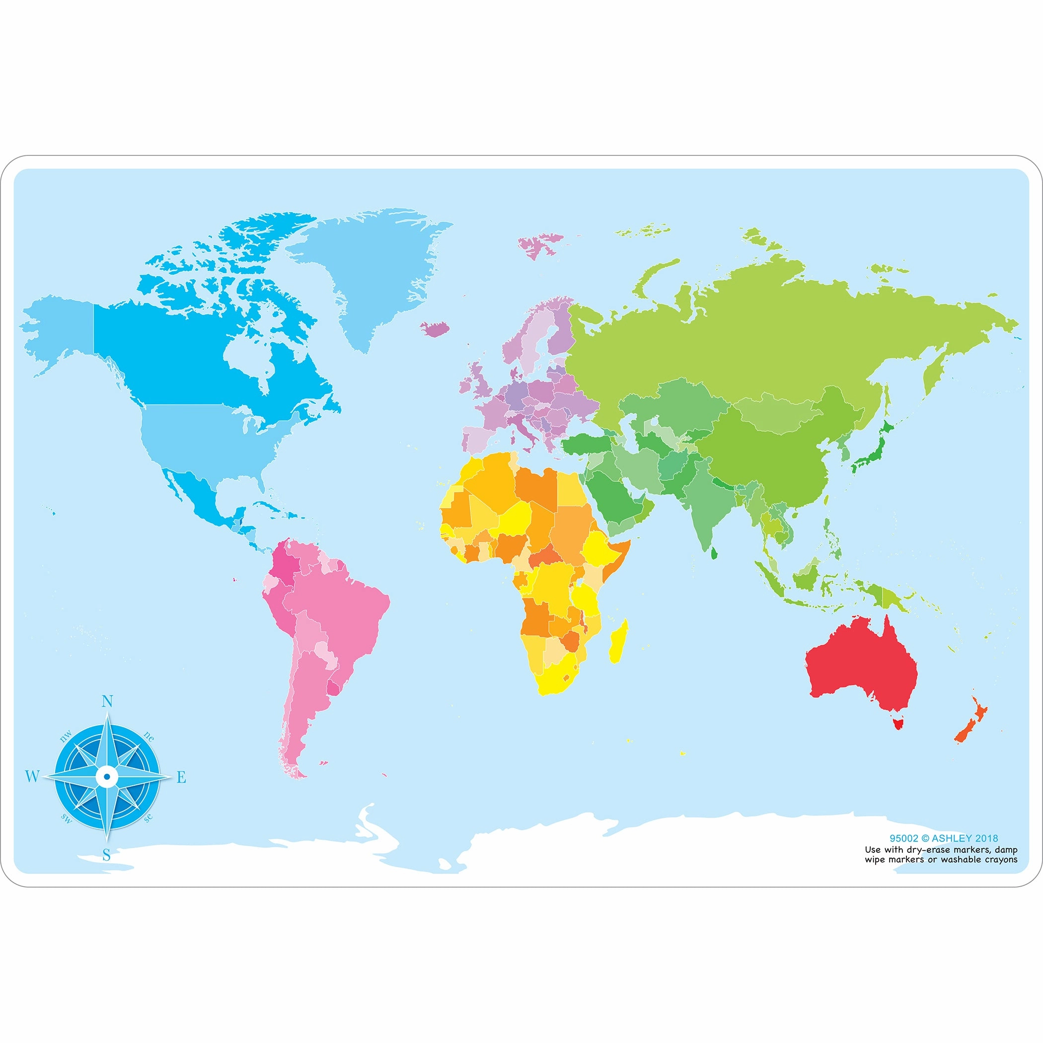 Ashley World Map Learning Mat, 2 Sided Write on Wipe off, 10 Pack (ASH 95602)