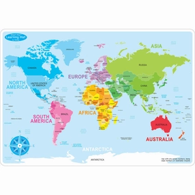 Ashley World Map Learning Mat, 2 Sided Write on Wipe off, 10 Pack (ASH 95602)