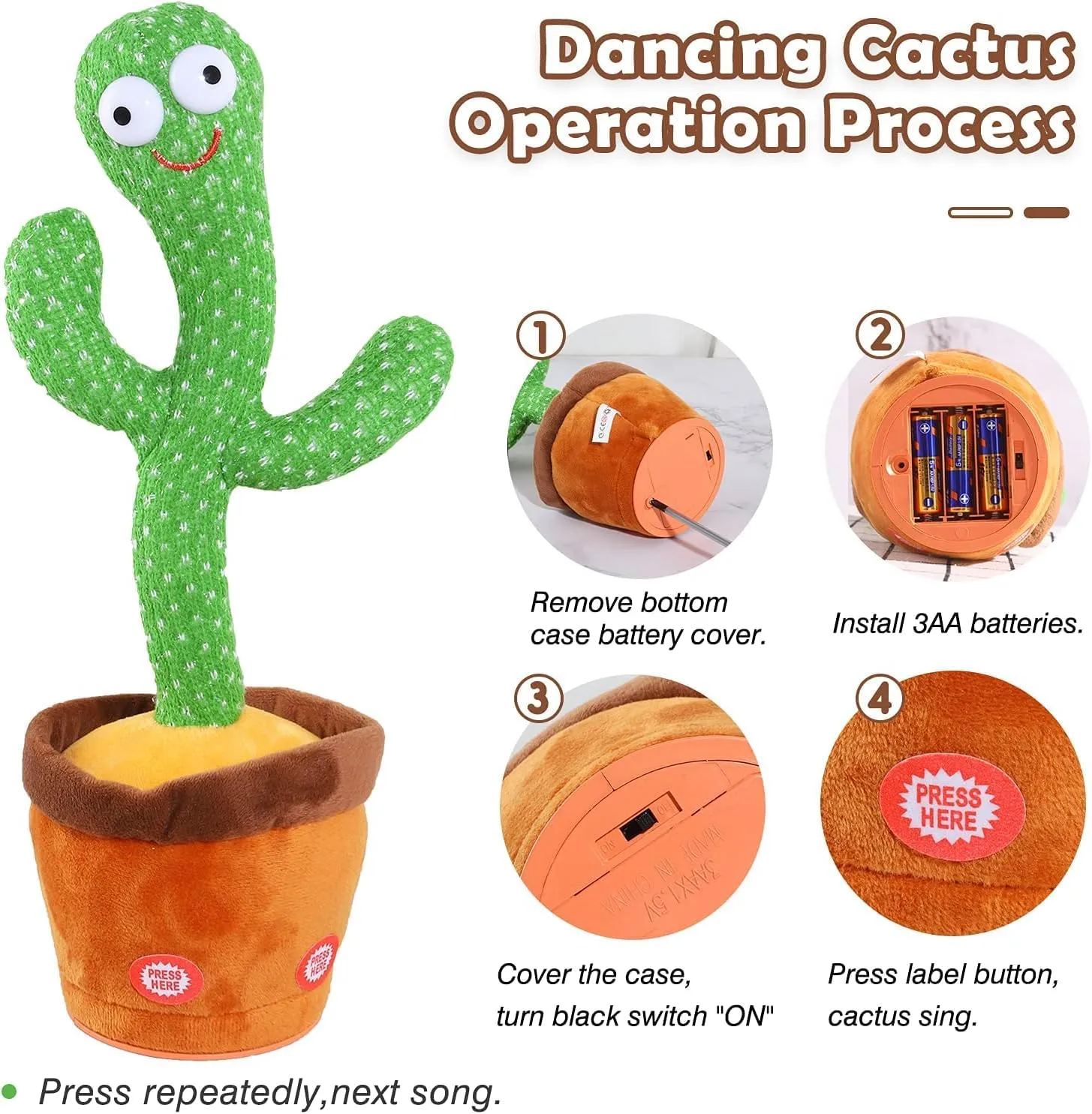 Aunpoos Kids Dancing Talking Cactus Toys for Baby Boys and Girls, Singing Mimicking Recording Repeating What You Say Sunny Cactus Toy with 120 English Songs Smart Toy