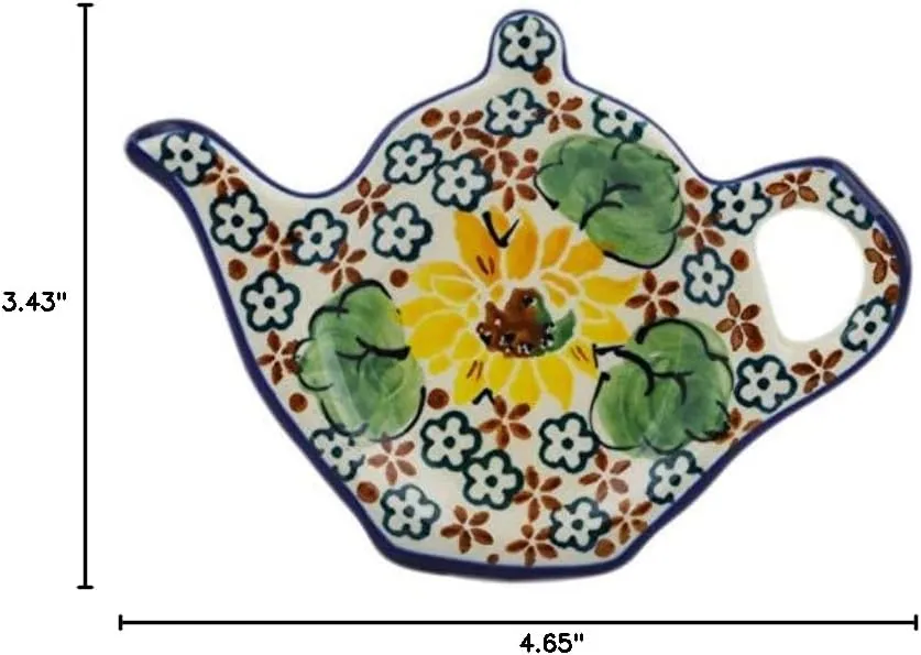 Authentic Polish Pottery Tea Bag or Lemon Plate Signature UNIKAT in Country Sunflower Design Handmade in Bolesławiec Poland by Ceramika Artystyczna   Certificate of Authenticity