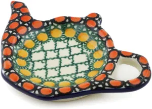 Authentic Polish Pottery Tea Bag or Lemon Plate Signature UNIKAT in Orange Tranquility Design Handmade in Bolesławiec Poland by Ceramika Artystyczna   Certificate of Authenticity