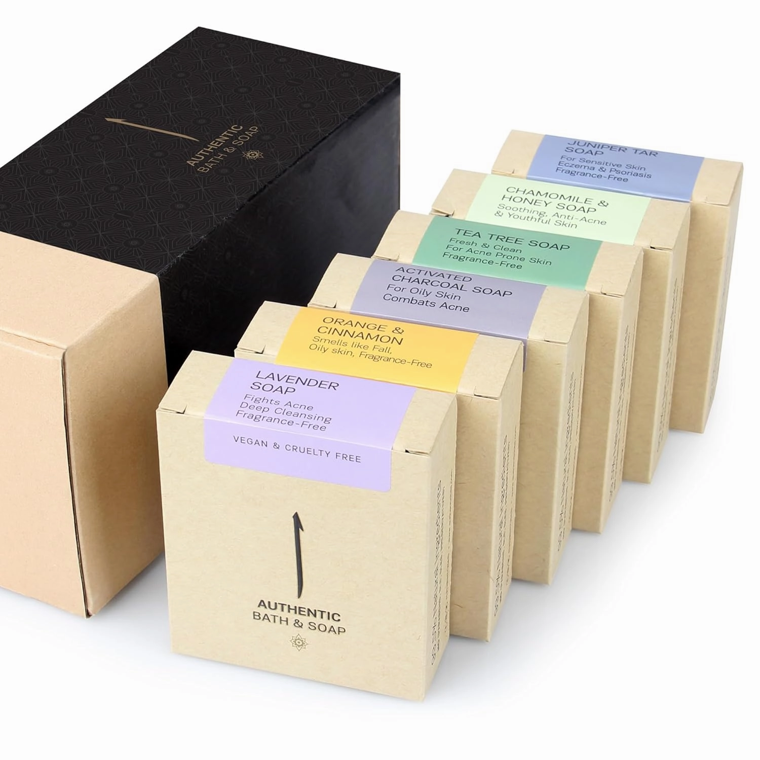AUTHENTIC BATH & SOAP Natural Bar Soap Set for Oily Skin – Handmade, Acne Oil Control, Odor-Fighting (6-Pack): Tea Tree, Pine Tar, Orange & Cinnamon, Lavender, Activated Charcoal, Honey & Chamomile