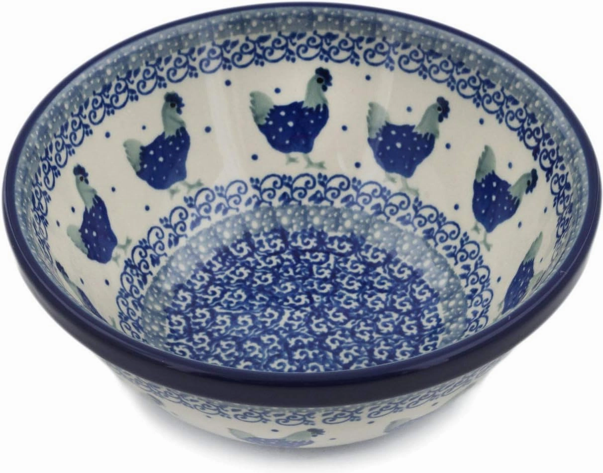 Authentic Polish Pottery Bowl 6-inch in Blue Chicken Design Handmade in Bolesławiec Poland by Ceramika Artystyczna   Certificate of Authenticity