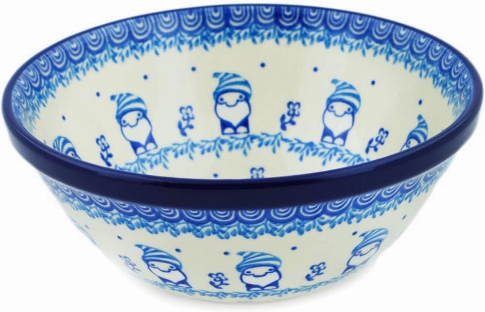 Authentic Polish Pottery Bowl 6-inch in Blue Gnome Design Handmade in Bolesławiec Poland by Ceramika Artystyczna   Certificate of Authenticity