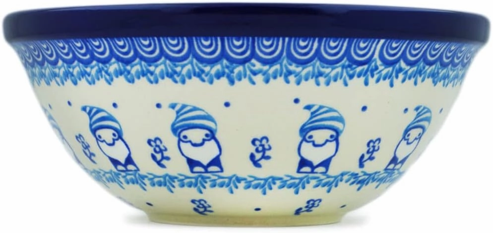 Authentic Polish Pottery Bowl 6-inch in Blue Gnome Design Handmade in Bolesławiec Poland by Ceramika Artystyczna   Certificate of Authenticity