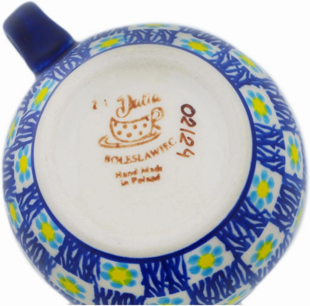 Authentic Polish Pottery Bubble Mug 12 oz in Checkered Meadow Design Handmade in Bolesławiec Poland by Ceramika Dalia   Certificate of Authenticity