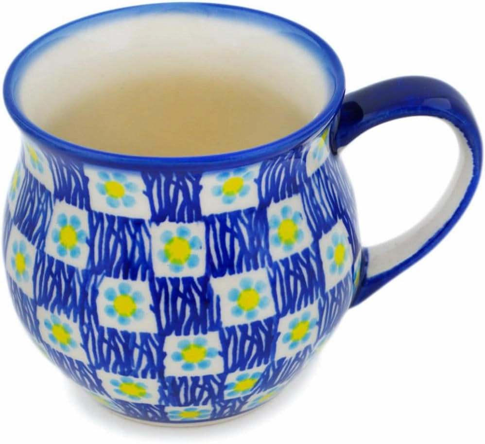 Authentic Polish Pottery Bubble Mug 12 oz in Checkered Meadow Design Handmade in Bolesławiec Poland by Ceramika Dalia   Certificate of Authenticity