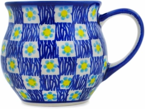 Authentic Polish Pottery Bubble Mug 12 oz in Checkered Meadow Design Handmade in Bolesławiec Poland by Ceramika Dalia   Certificate of Authenticity