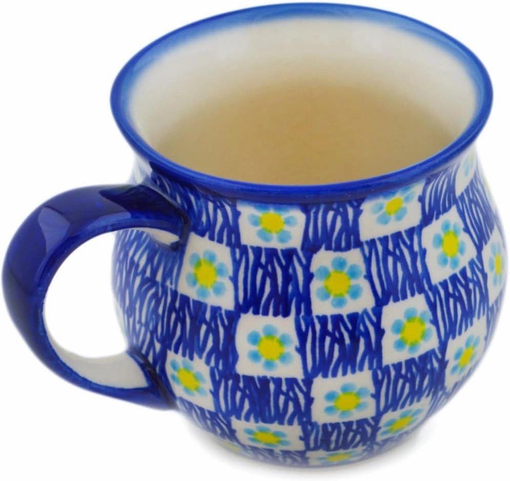 Authentic Polish Pottery Bubble Mug 12 oz in Checkered Meadow Design Handmade in Bolesławiec Poland by Ceramika Dalia   Certificate of Authenticity
