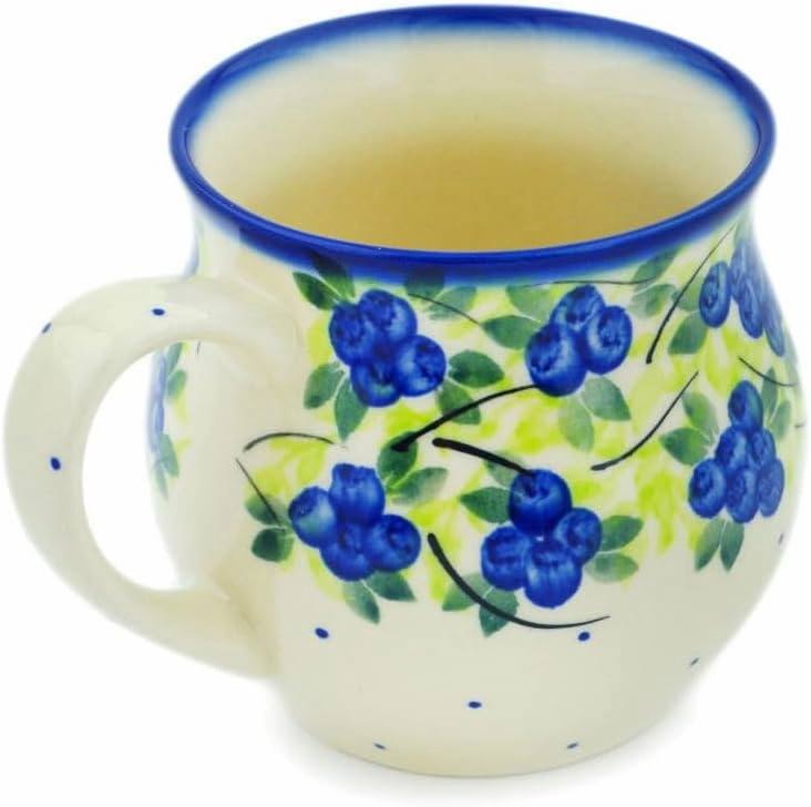 Authentic Polish Pottery Bubble Mug 12 oz Signature UNIKAT in Blueberries Season Design Handmade in Bolesławiec Poland by Ceramika Dalia   Certificate of Authenticity