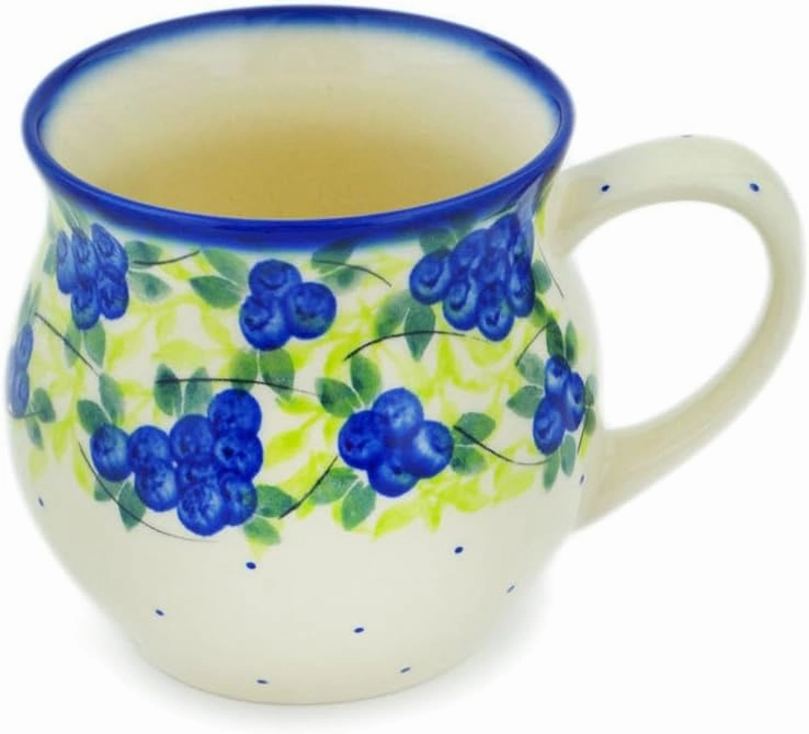 Authentic Polish Pottery Bubble Mug 12 oz Signature UNIKAT in Blueberries Season Design Handmade in Bolesławiec Poland by Ceramika Dalia   Certificate of Authenticity