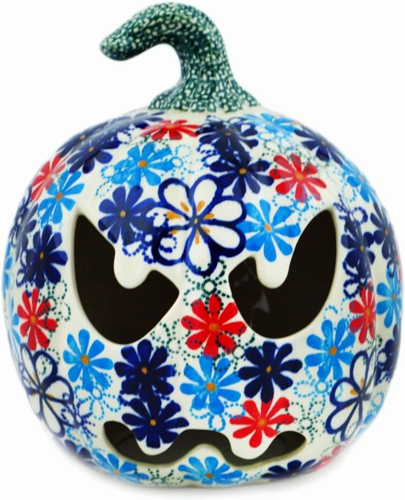 Authentic Polish Pottery Pumpkin Figurine Signature UNIKAT in Enchanted Meadow Medley Design Handmade in Bolesławiec Poland   Certificate of Authenticity