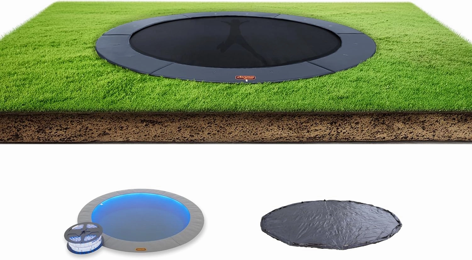 Avyna Inground 14' Round Trampoline Bundle, 8-Color LED Light Kit, Heavy Duty Vinyl Weather Cover, Rust-Resistant Galvanized Steel Frame, Flush Ground Design, High Bounce Jump Mat, Gray Safety Pad