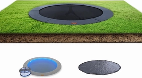 Avyna Inground 14' Round Trampoline Bundle, 8-Color LED Light Kit, Heavy Duty Vinyl Weather Cover, Rust-Resistant Galvanized Steel Frame, Flush Ground Design, High Bounce Jump Mat, Gray Safety Pad