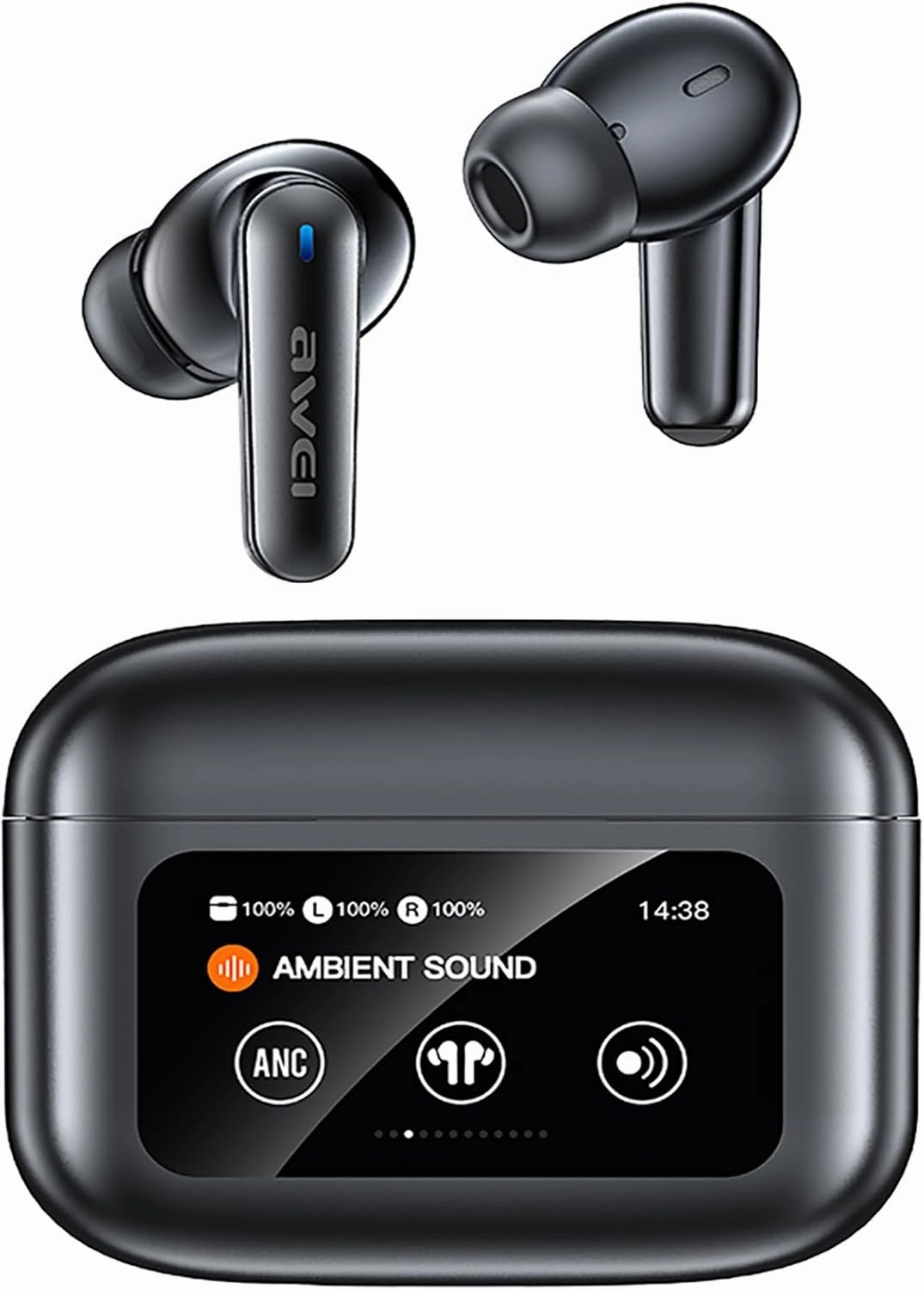 AWEI Wireless Earbuds Bluetooth 5.4, Smart Touch Screen Wireless Earphones LED Colour Screen with Touch Control, Sport Waterproof Wireless Bluetooth Headphone, Suitable for iPhone/Android （Black）