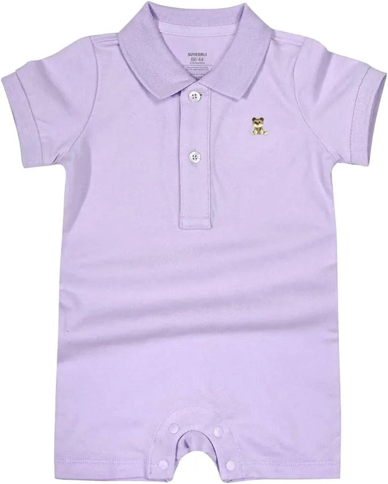 Baby Polo Romper Cotton Short Sleeve Embroidery Bear Jumpsuit 3-24 Months