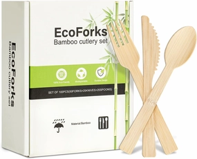 Bamboo Cutlery Set, 100 Biodegradable Compostable Utensils Set with 50 Forks 25 Spoons 25 Knives, Bamboo Flatware Disposable Cutlery FSC Certified for Weddings Camping Traveling Picnics