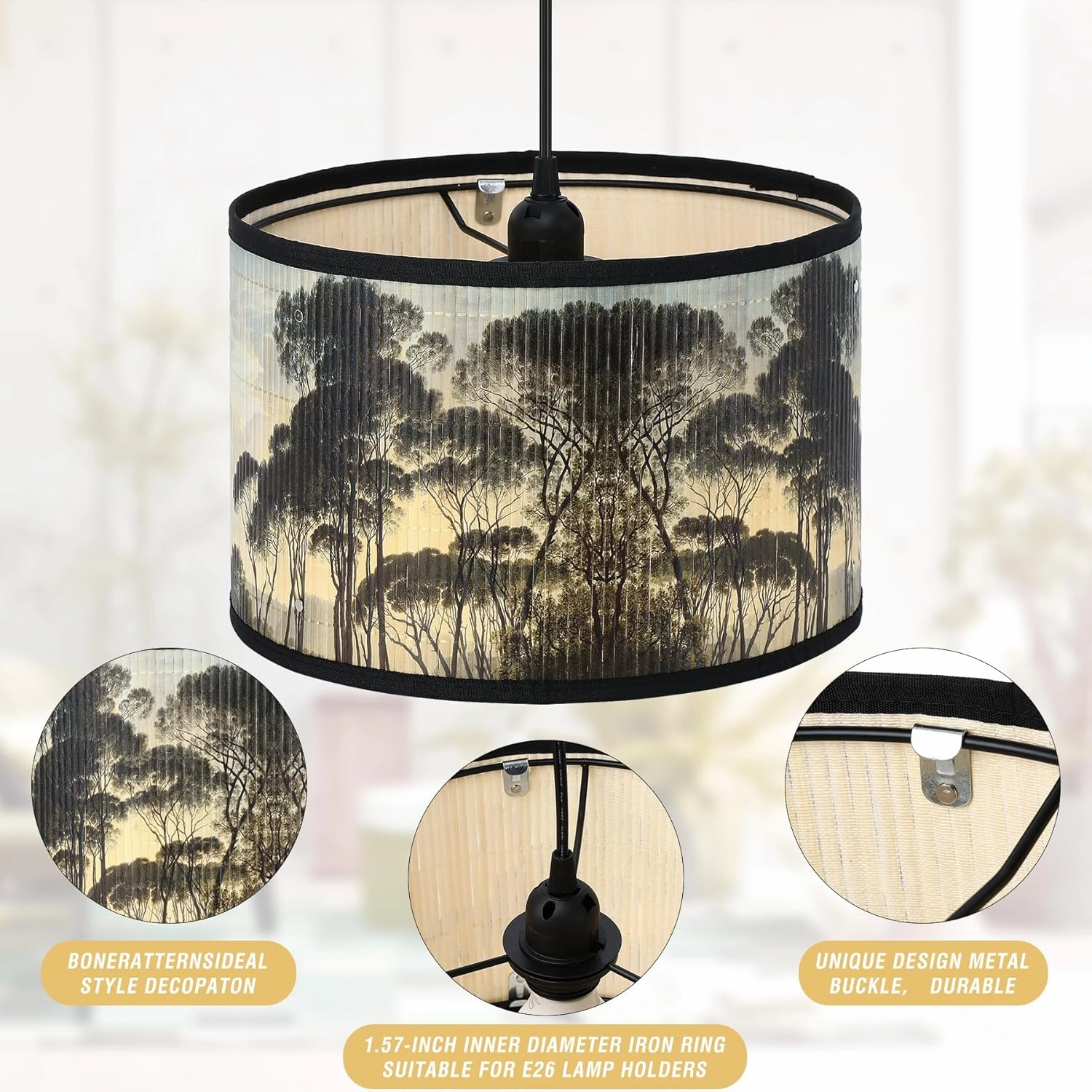 Bamboo Pendant Light,Hanging Lights with Plug in Cord （15ft）,Macrame Boho Hanging Lamp with Pattern,Bohemian Hanging Lights for Living Room Bedroom Decor Bamboo Lamp Shade Kitchen Island