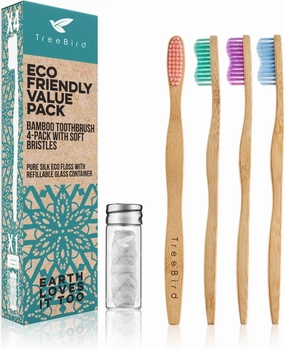 Bamboo Toothbrush 4-Pack & Compostable Silk Dental Floss with Refillable Glass Holder | Biodegradable Oral Care Set | Soft BPA-Free Bristles | Natural Eco-Friendly Gifts for Men & Women | Moso Handle