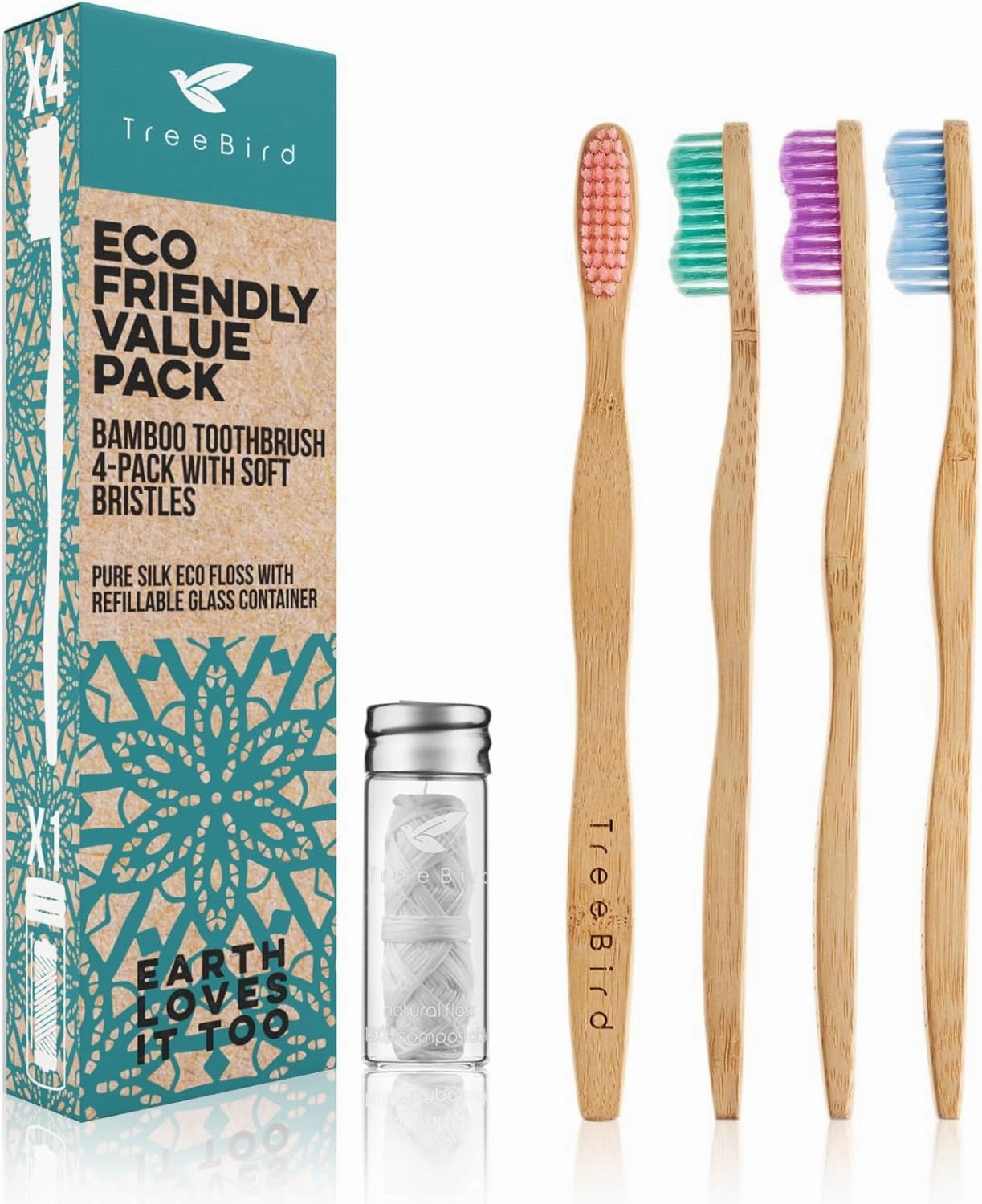 Bamboo Toothbrush 4-Pack & Compostable Silk Dental Floss with Refillable Glass Holder | Biodegradable Oral Care Set | Soft BPA-Free Bristles | Natural Eco-Friendly Gifts for Men & Women | Moso Handle