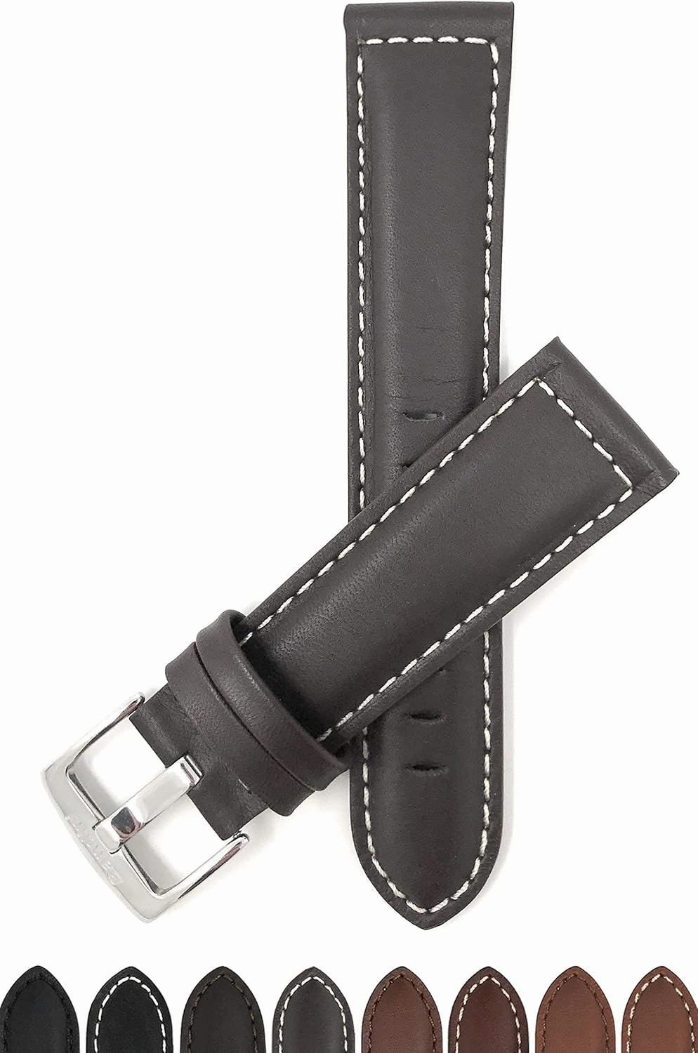 Bandini 18mm Mens Leather Watch Band Strap - Brown - White Stitching - Mat Finish
