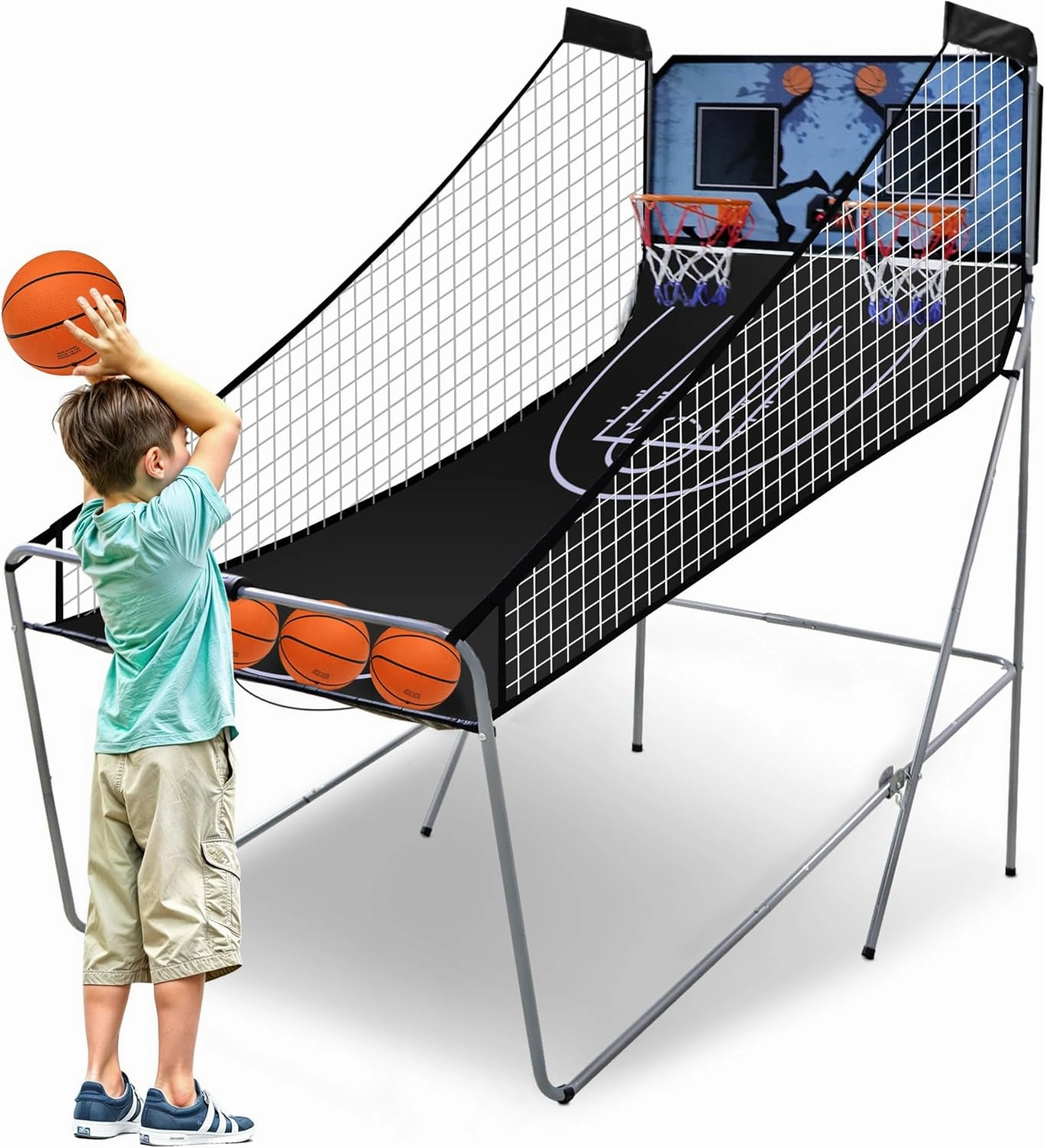 Basketball Arcade Game, Electronic Dual Shot Basketball Arcade Game for Home, Family Entertainment Centers, Rest, Indoor Outdoor Foldable Double Shot Hoops Frame, LED Scoreboard, 4 Balls