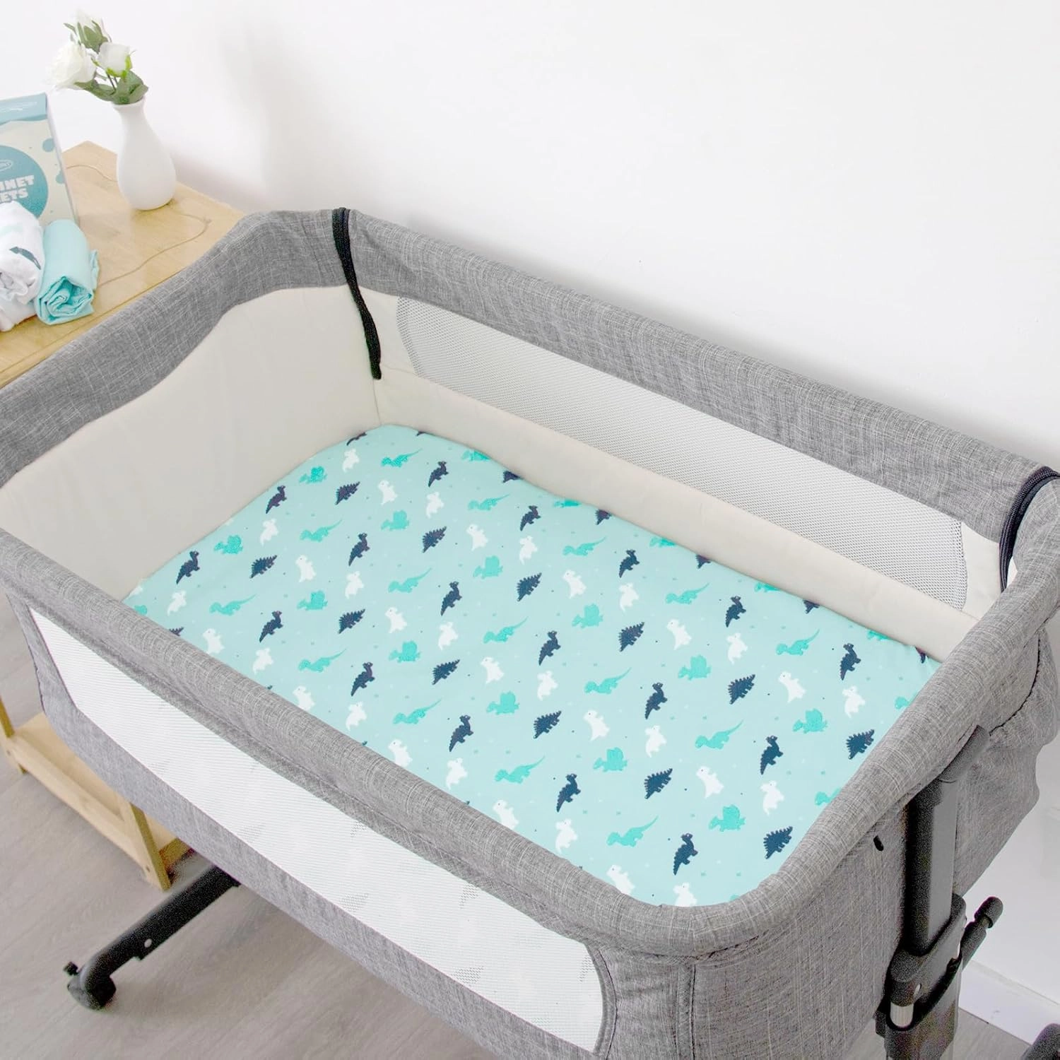 Bassinet Fitted Sheets 4 Pack Compatible with Maxi-COSI Iora/Swift, AMKE Baby Bassinet(19x32), Newton, RONBEI and Uuoeebb 4 in 1 Bedside, Ultra Soft and Skin-Friendly, Aqua Dinosaurs & White Ocean