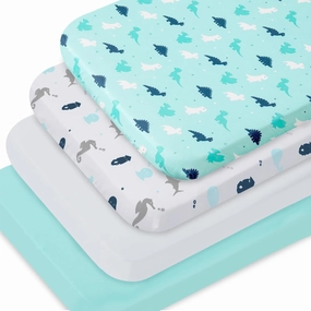 Bassinet Fitted Sheets 4 Pack Compatible with Maxi-COSI Iora/Swift, AMKE Baby Bassinet(19x32), Newton, RONBEI and Uuoeebb 4 in 1 Bedside, Ultra Soft and Skin-Friendly, Aqua Dinosaurs & White Ocean