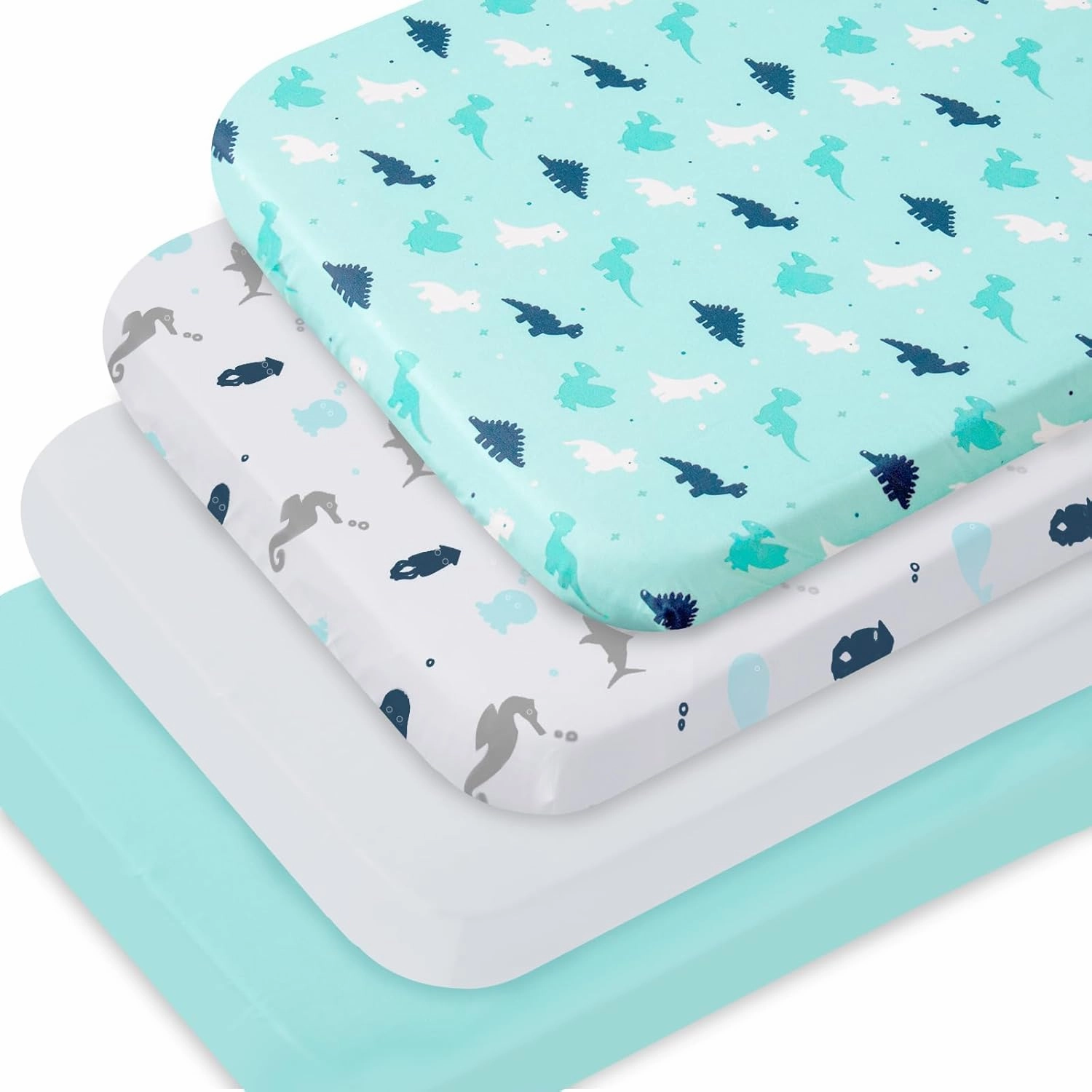 Bassinet Fitted Sheets 4 Pack Compatible with Maxi-COSI Iora/Swift, AMKE Baby Bassinet(19x32), Newton, RONBEI and Uuoeebb 4 in 1 Bedside, Ultra Soft and Skin-Friendly, Aqua Dinosaurs & White Ocean