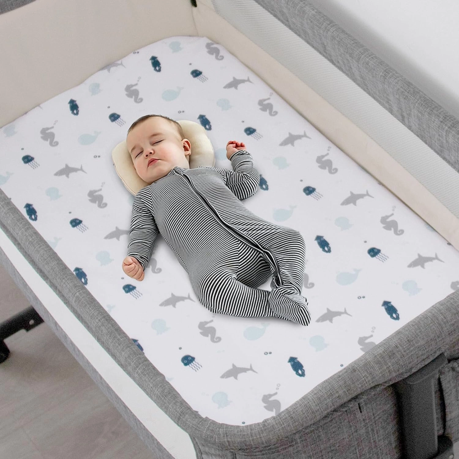 Bassinet Fitted Sheets 4 Pack Compatible with Maxi-COSI Iora/Swift, AMKE Baby Bassinet(19x32), Newton, RONBEI and Uuoeebb 4 in 1 Bedside, Ultra Soft and Skin-Friendly, Aqua Dinosaurs & White Ocean