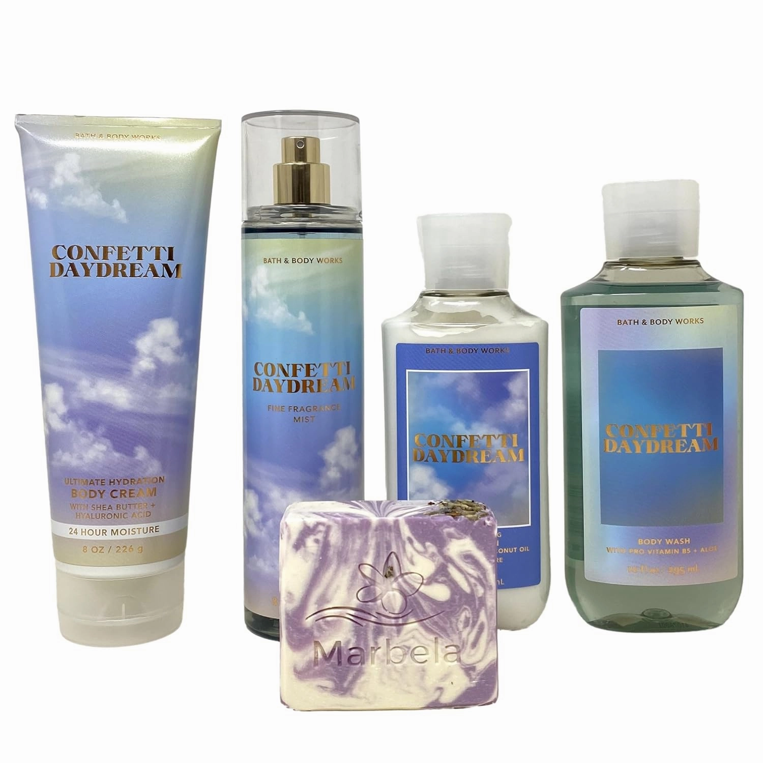Bath & Body Works Confetti Daydream 4 Piece Deluxe Gift Set - Fragrance Mist - Body Cream - Body Wash and Body Lotion with a Lavender Dream Bar Soap.