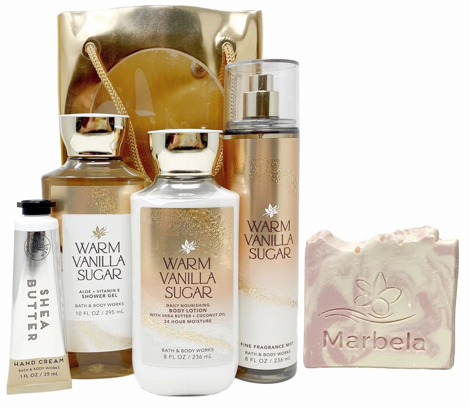 Bath & Body Works Warm Vanilla Sugar Gift Bag Set - Fine Fragrance Mist, Daily Nourising Body Lotion, Shower Gel and Hand Cream with a Himalayan Salts Springs Sample Soap