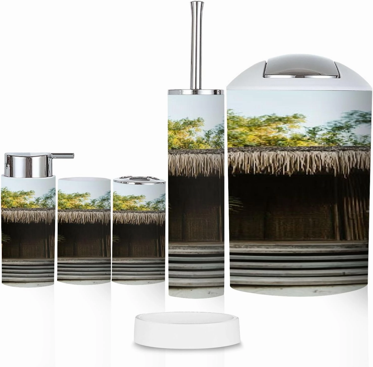 Bathroom Accessory Set 6 Pcs Eco Tourism Southeast Asia Toothbrush Holder, Soap Dispenser, Toothbrush Cup, Trash Can, Toilet Brush Holder for Rustic Decor