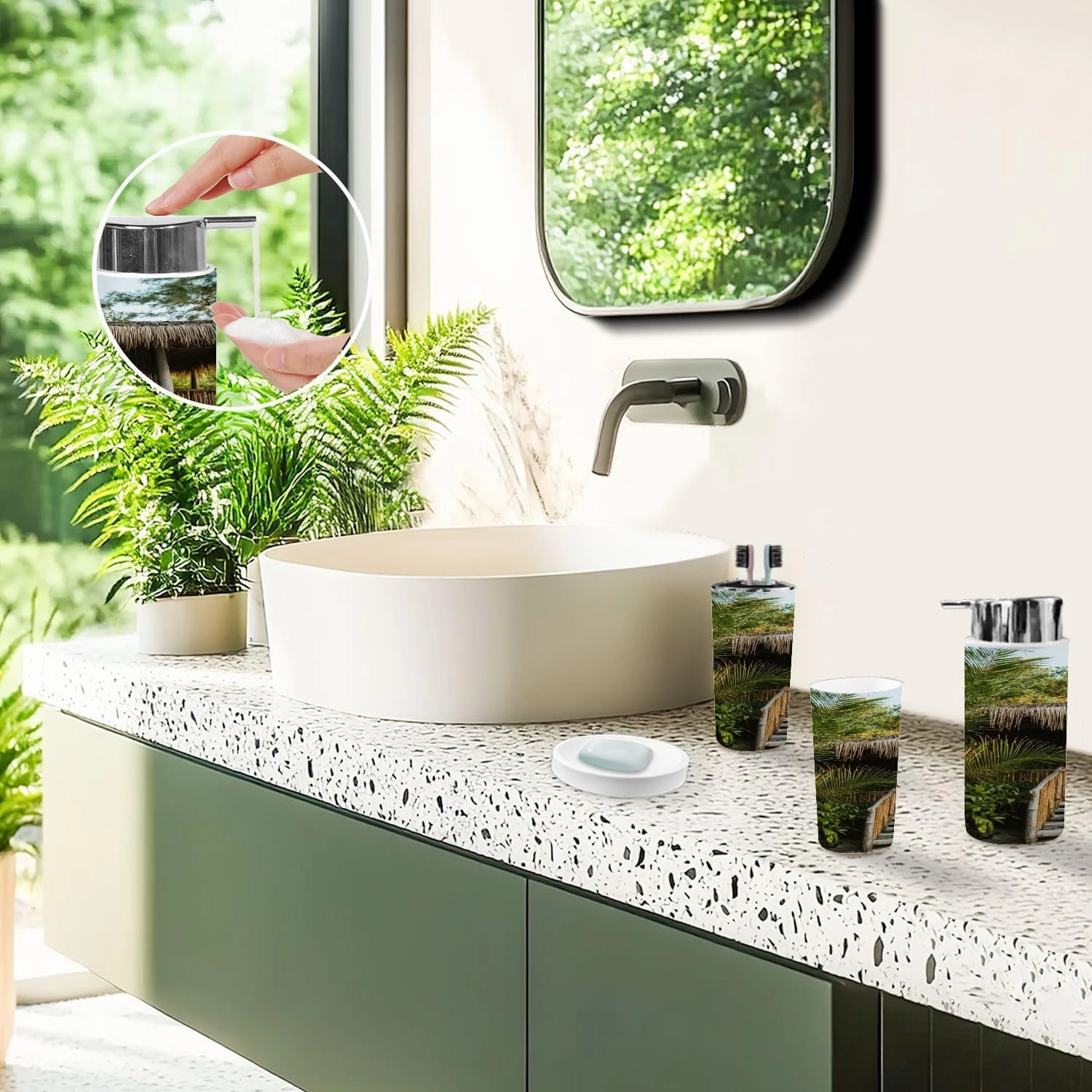 Bathroom Accessory Set 6 Pcs Eco Tourism Southeast Asia Toothbrush Holder, Soap Dispenser, Toothbrush Cup, Trash Can, Toilet Brush Holder for Rustic Decor