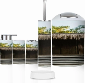 Bathroom Accessory Set 6 Pcs Eco Tourism Southeast Asia Toothbrush Holder, Soap Dispenser, Toothbrush Cup, Trash Can, Toilet Brush Holder for Rustic Decor