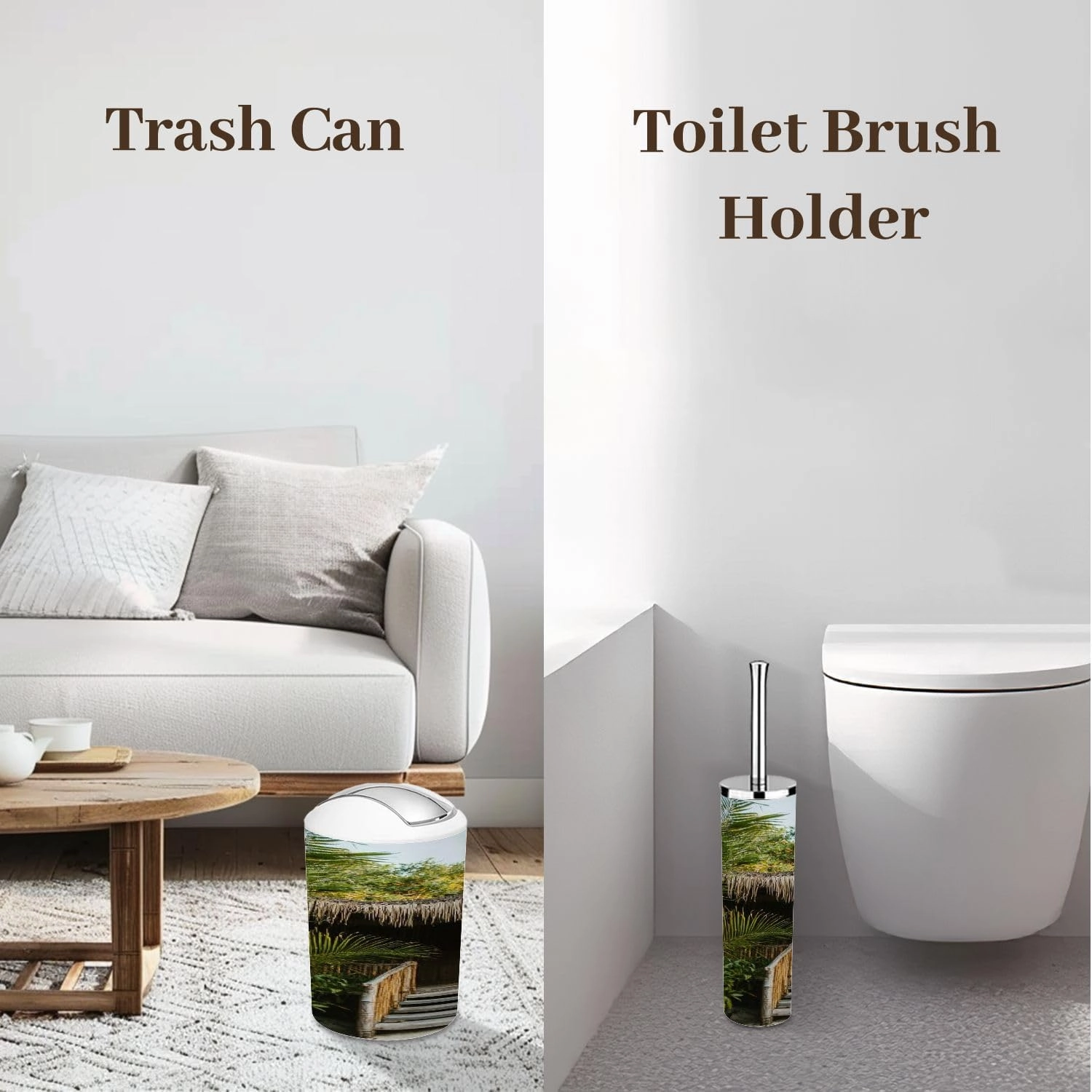 Bathroom Accessory Set 6 Pcs Eco Tourism Southeast Asia Toothbrush Holder, Soap Dispenser, Toothbrush Cup, Trash Can, Toilet Brush Holder for Rustic Decor