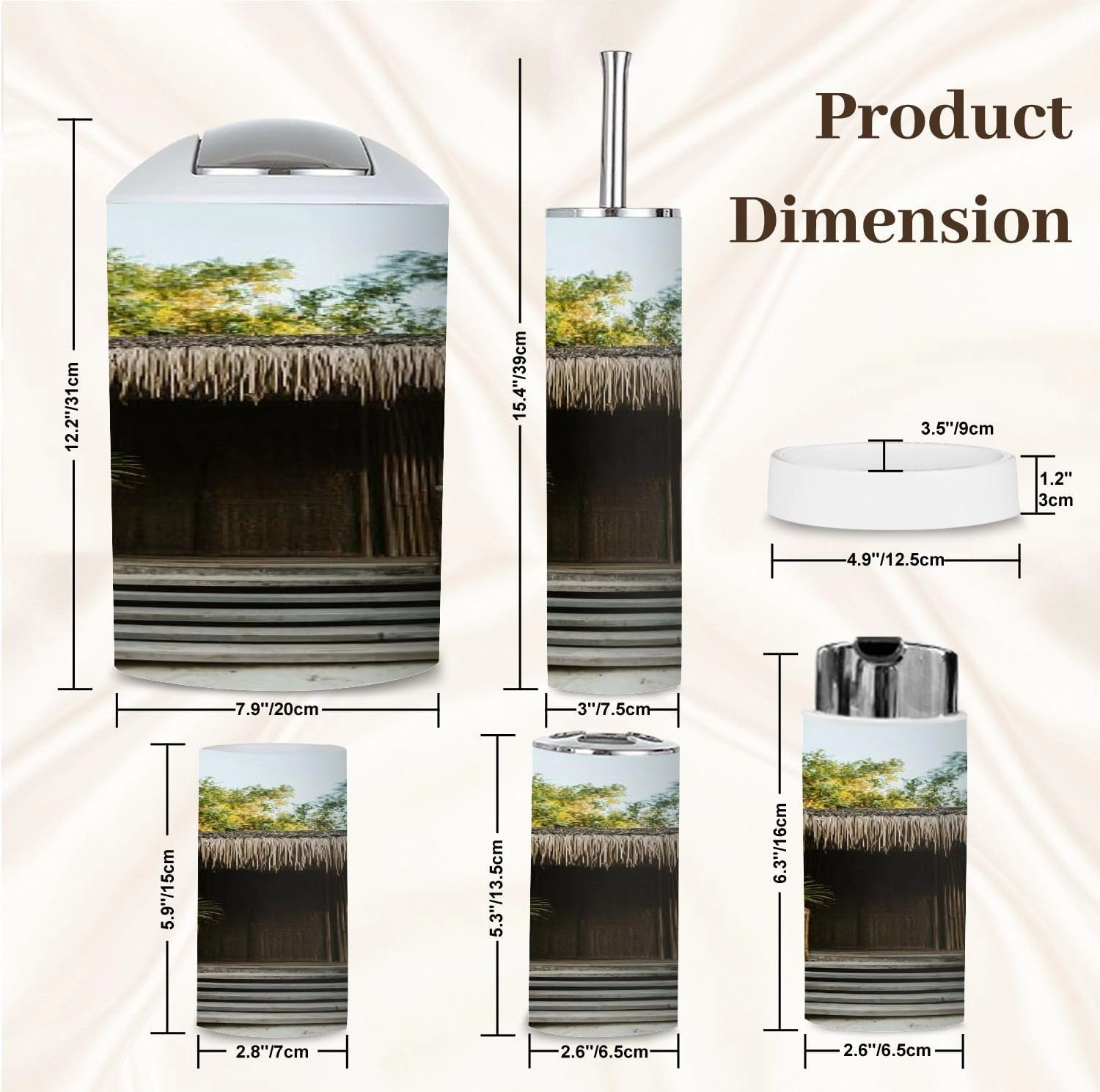 Bathroom Accessory Set 6 Pcs Eco Tourism Southeast Asia Toothbrush Holder, Soap Dispenser, Toothbrush Cup, Trash Can, Toilet Brush Holder for Rustic Decor